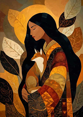 Woman with Fox and Autumn Leaves