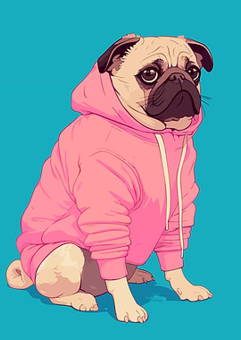 Funny Pug in Pink Hoodie Cute Dog