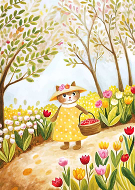 Cat in Garden with Flowers