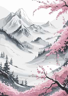 Japanese Mountains cherry blossoms