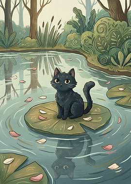 Black cat on lily pad