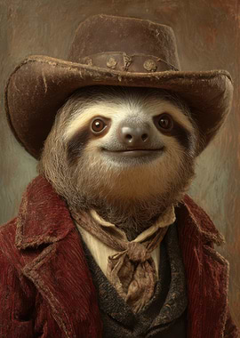 Sloth Cowboy Portrait, funny animal, retro painting
