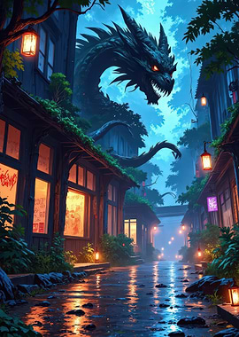 Dragon over Japanese Town