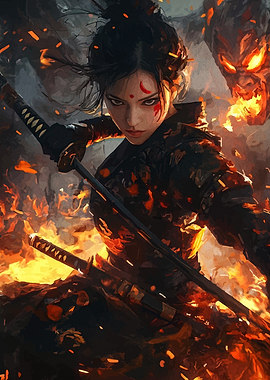 Female Warrior in Fiery Battle