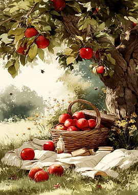 Vintage Apple Orchard Picnic Art — Cottagecore Farmhouse Decor — Rustic Nature Wall Art