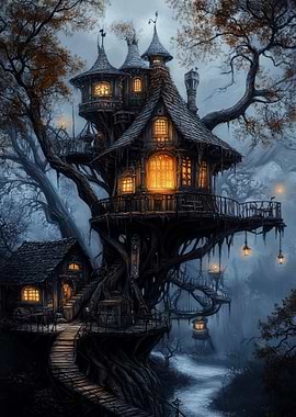 Fantasy Treehouse in Misty Forest