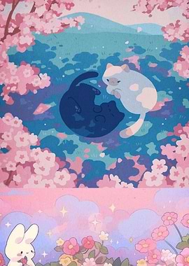 Cats and Bunny in Floral Landscape