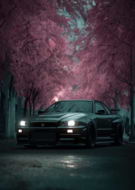 Nissan Skyline R34 Under Cherry Blossoms