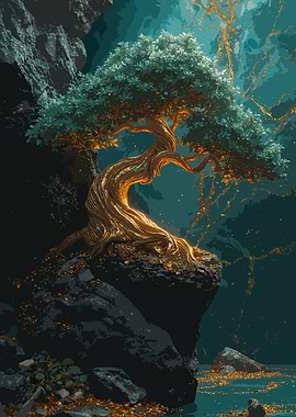 Golden Tree on Cliffside Nature Art