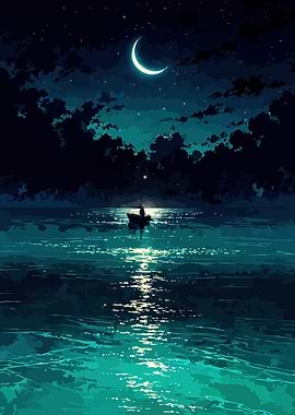 Night Fishing Under Crescent Moon