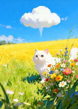 White Cat in a Flower Field