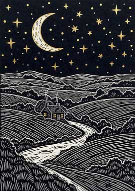 Cozy Night Landscape with Moon and Stars