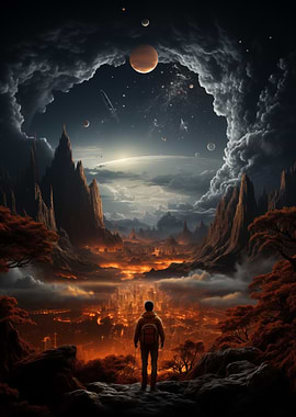 Futuristic City with Hiker