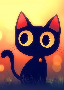 Cartoon Black Cat with Orange Eyes