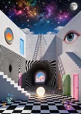 Surreal Architectural Dreamscape with Cosmic Elements