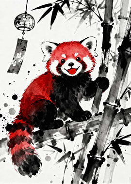 Red Panda on Bamboo Ink Painting