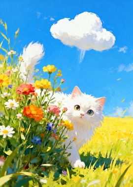 White Cat in a Flower Field
