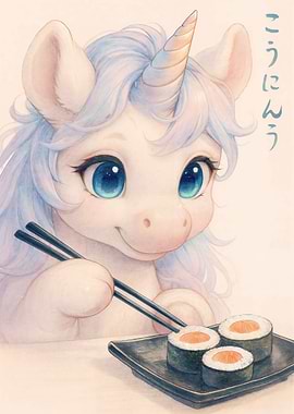 Unicorn eating sushi with chopsticks