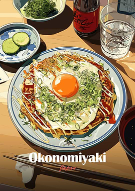 Okonomiyaki Dish with Toppings and Drink
