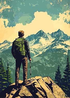 Hiker and the Alps Minimalist Nature Art