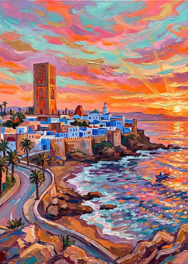 Coastal Cityscape Painting at Sunset