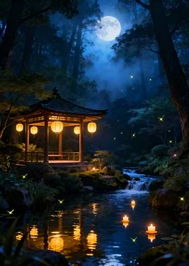 Japanese Garden at Night with Moon