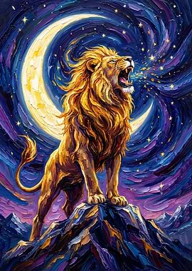 Roaring Lion Under Crescent Moon Painting