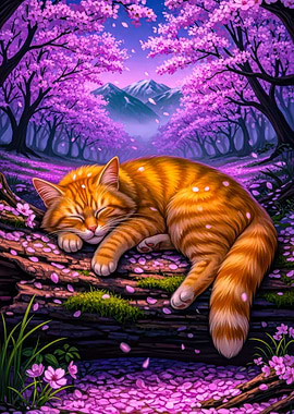 Sleeping Cat Under Cherry Blossom Trees
