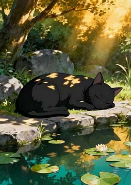 Sleeping Black Cat by Pond