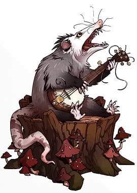 Opossum playing banjo on tree stump