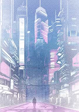 Cyberpunk Cityscape with Lone Figure