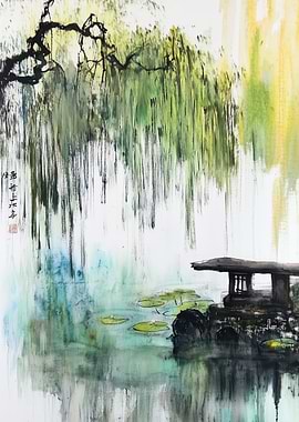 Willow Tree and Stone Lantern Painting