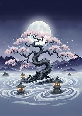 Cherry Blossom Tree Under Moonlight