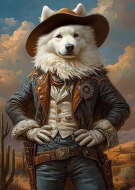 Samoyed Dog Cowboy in the Desert | Wild West Dog Art