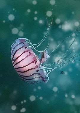 Watercolor Jellyfish in Teal Water
