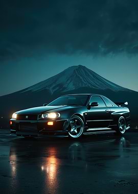 Nissan Skyline GT-R R34 with Mount Fuji