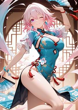 Anime Girl in Cheongsam with Fans