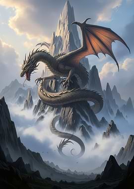 Dragon Perched Atop Mountain Peaks