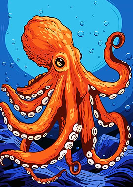 Orange Octopus in Blue Sea Cartoon