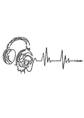 Headphones and Heartbeat Line Art