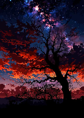 Silhouette Tree Under Colorful Night Sky