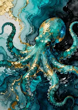 Teal and Gold Octopus Illustration