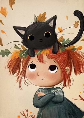 Girl with Cat and Autumn Leaves