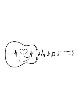 Guitar Heartbeat Music Notes Line Art