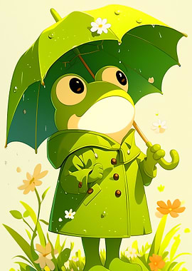 Cartoon Frog with Umbrella and Raincoat