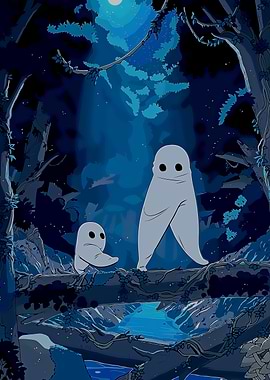 Pixel Art Ghosts in Blue Forest