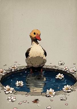 Duckling in a Lotus Pond