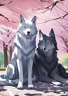 Two Wolves in a Cherry Blossom Garden
