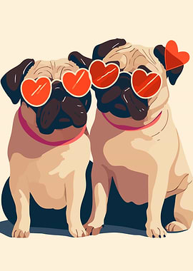 Two Pugs with Heart Sunglasses Cute Dog Art