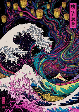 Psychedelic Great Wave with Lanterns